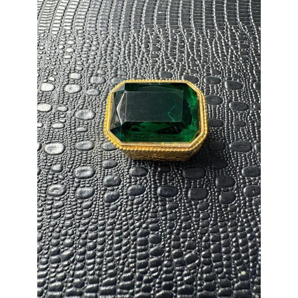 Vintage Florenza Pill Box Emerald Green Glass Gold Tone Ornate Trinket Case